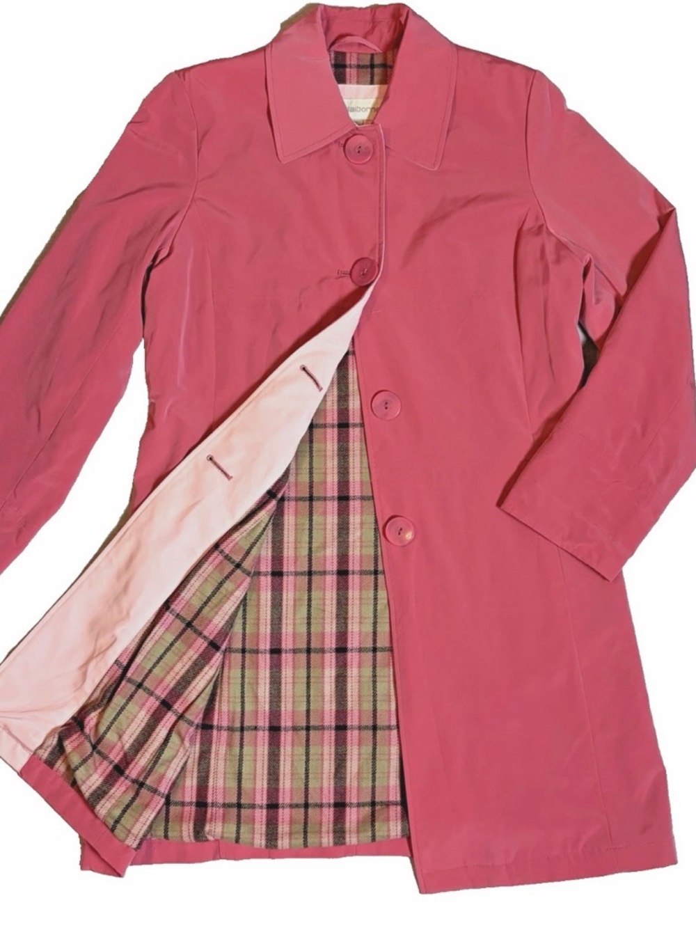 Liz Claiborne Pink Plaid Lined Raincoat M Y2K Mod Twee Retro A-Line Car Coat VTG